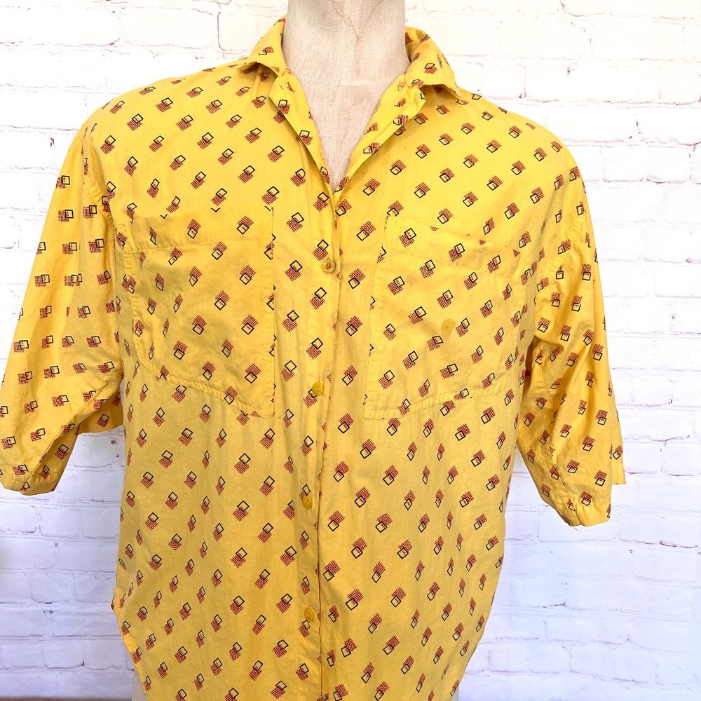 70's Retro Short Sleeve Shirt - Geometric Print - Size Large